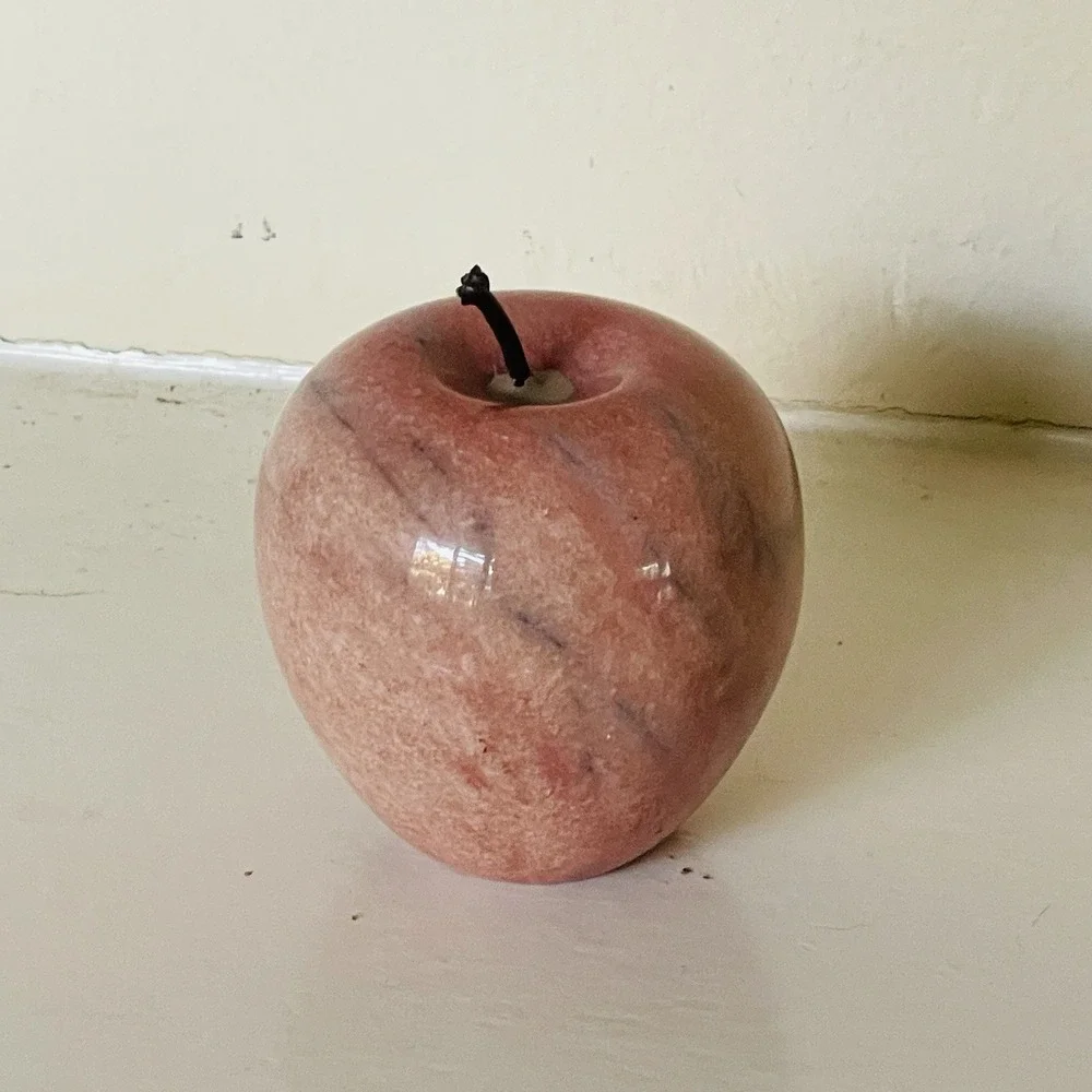 Marble Alabaster Stone Apple Pink With Blue Streaks Brown Stem Paperweight